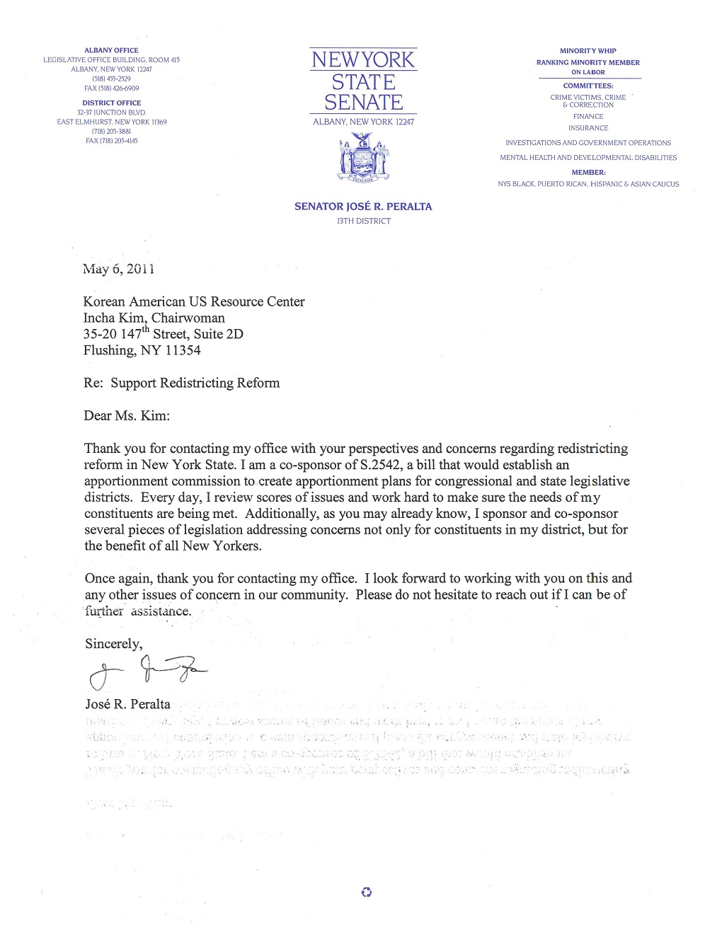 뉴욕주 선거구 재조정 관련 뉴욕주 상원의원 호세 페랄타 편지